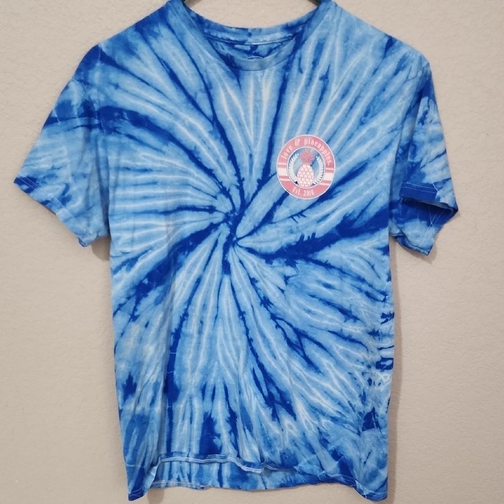 Love & Pineapples Blue Tie-Dye Graphic T-Shirt Make Some Waves Medium Cotton